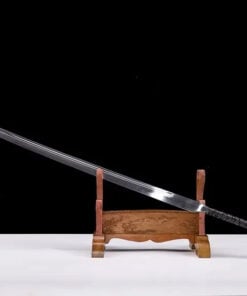 A Miao Dao Chinese Longsword displayed leaning against a small wooden sword-stand.