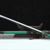 A Chinese sword Jian with a straight, double edged blade, leaning against a small wood stand, with its decorative scabbard below.