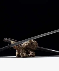 A Miao Dao Chinese longsword and its scabbard leaning against a small wood log.
