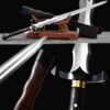 A Damascus longsword and its wooden scabbard displayed on a small stand, with product highlights below.