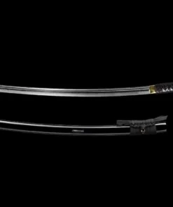 A dark sword Katana displayed next to its black scabbard.
