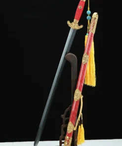 A decorative sword Jian displayed next to its scabbard, leaning against a small wooden sword-stand.