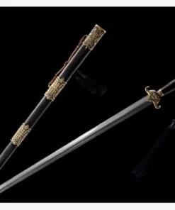 A real demon slayer sword with a straight, double edged blade, displayed next to its decorative scabbard.
