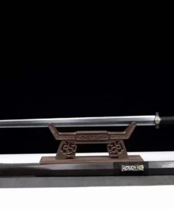 A demon slayer sword real Jian weapon displayed on a wooden sword-stand, with its decorative scabbard below on the floor.