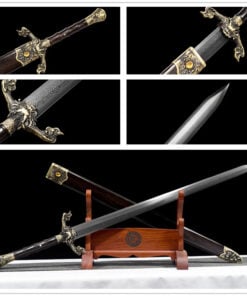 A Two handed Damascus longsword with dragon themed fittings and its scabbard displayed on a wood stand, with product highlights above.