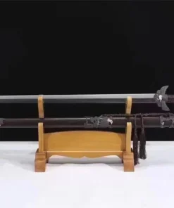 An eagle head sword jian displayed next to its decorative scabbard, on a small wooden sword-stand.