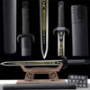 A short, straight Chinese Jian sword displayed on a wood stand with its scabbard below on the floor, and product highlights above.