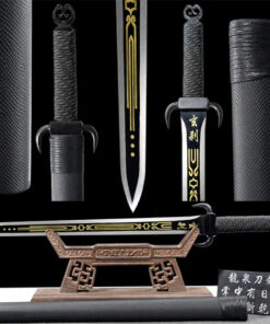 A short, straight Chinese Jian sword displayed on a wood stand with its scabbard below on the floor, and product highlights above.