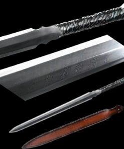 A one piece sword with a straight, double edged blade, displayed next to its leather scabbard, along with sword highlights above.