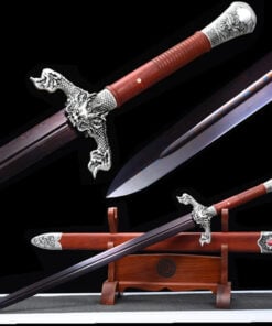 A long double edged, red Damascus sword and its scabbard displayed on a wooden stand, with product highlights above.