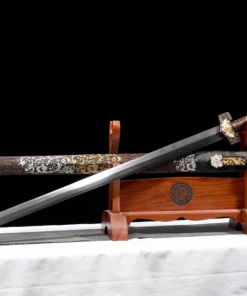 A Chinese sacred sword Jian displayed next to its decorated scabbard, on a wooden sword stand.