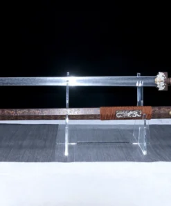 A two handed Jian sword displayed next to its decorative scabbard on a small plastic stand.
