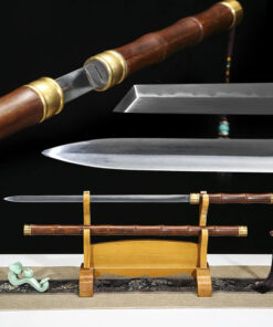 A bamboo sword staff, displayed next to its stick scabbard, on a small wooden stand, along with sword highlights above.