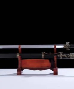 A fire brid sword Jian, displayed next to its decorative scabbard, on a small wooden sword-stand