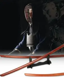 Two hardwood bokken swords displayed on a small stand, with a small Wakizashi bokken below and a man wearing Kendo armor above.