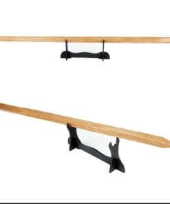 A hardwood bokken sword displayed on a small wooden sword stand.