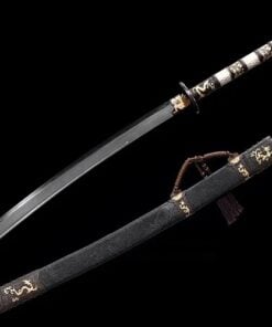 A Chinese Dadao sword displayed next to its decorative scabbard.