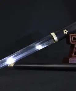 A Chinese dagger knife with a double-edged blade, displayed alongside its brown Ebony wood sheath, leaning against a small wooden stand.