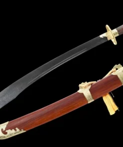 A curved Chinese Dao sword and its decorative scabbard.