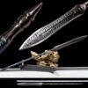 A double edge spear leaning on a small log, with product highlights above and below.