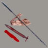 A long double edged spear leaning on a small wood log, with its scabbard and red tassel next to it on the floor.