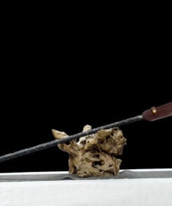 A Chinese Guan Yu Weapon with a leather scabbard covering the blade, leaning against a small wood log.