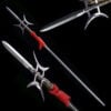 A long Chinese halberd spear weapon with product highlights above and below.