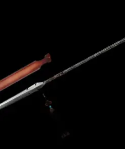 An all metal spear weapon displayed next to its leather sheath.