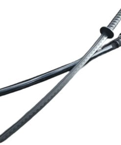 A plastic Katana bokken with its blade crossed over its scabbard.