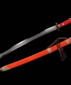 A Qing Dao sword saber displayed next to its decorative scabbard.