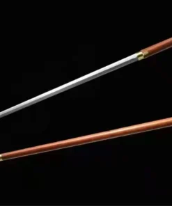 A straight, double edged, walking stick sword displayed next to its scabbard stick.