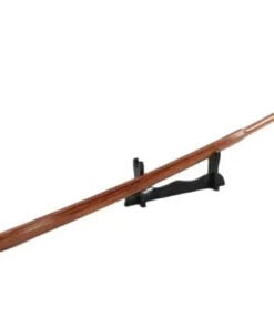 A wooden Suburito sword leaning against a small sword stand.