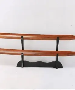 Two wooden Suburito bokken swords displayed on a small wood sword-stand.