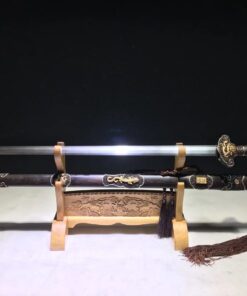 A sacred Chinese sword Jian weapon, displayed on a wooden stand, alongside its scabbard.