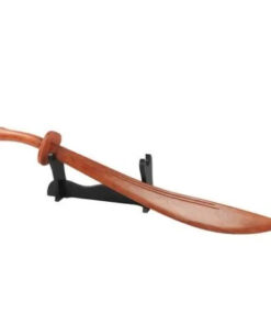 A wooden Wushu sword Dao displayed on a small sword stand.