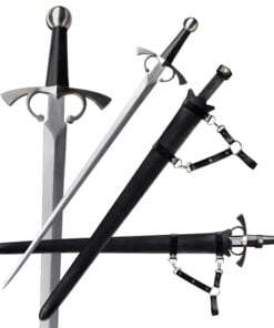 A Knights arming sword displayed next to its scabbard, along with sword highlights.