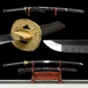 A Japanese Katana sword and its scabbard displayed on a wooden stand, with a sheathed Katana and sword highlights above.