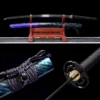 A Japanese Samurai Katana and its scabbard displayed on a wooden stand, with product highlights below.