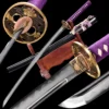 A Japanese Katana sword with a black and purple color scheme, displayed next to its scabbard, on a small wooden stand, along with sword highlights both above and below.