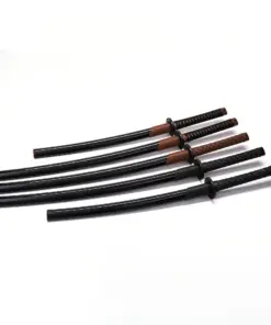 Five bokken training swords of differing color and size, displayed side-by-side.