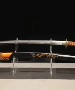 A brown Katana sword displayed next to its decorative scabbard, on a small stand.
