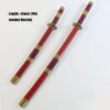 Two wooden toy Katana swords of differing sizes, with product information text above.