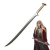 A fake, cosplay elf sword, with a fictional elvish man holding the sword for demonstration purposes.