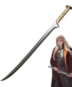 A fake, cosplay elf sword, with a fictional elvish man holding the sword for demonstration purposes.