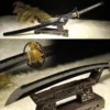 A sheathed Japanese Katana sword leaning against a small wood stand, with product highlights below.