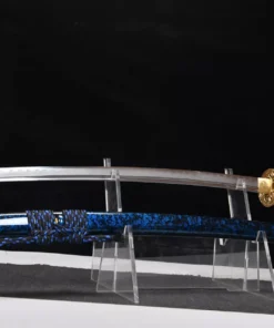 A Katana blue sword, displayed next to its scabbard, on a small plastic sword-stand.