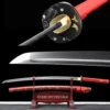 A red Katana sword displayed on a small wooden stand, with product highlight above.