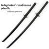 Two different sized plastic Katana training swords, with written product information above.