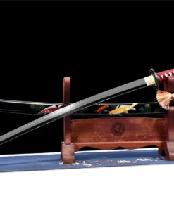 A decorative Koi Katana displayed next to its scabbard, on a small wooden sword-stand.