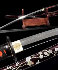 A display Katana with a mirror blade shine, displayed next to its decorative scabbard, on a small wooden sword-stand.